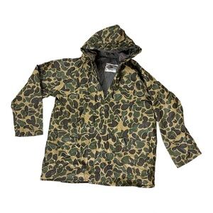 Men’s Large Seaway Camo Raincoat Jacket Quilted Lining Hood Snaps Pockets